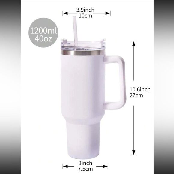 Tumbler White Stainless Steel 40 Oz with Straw Handle Travel Cup Hot Cold Water - Picture 8 of 8